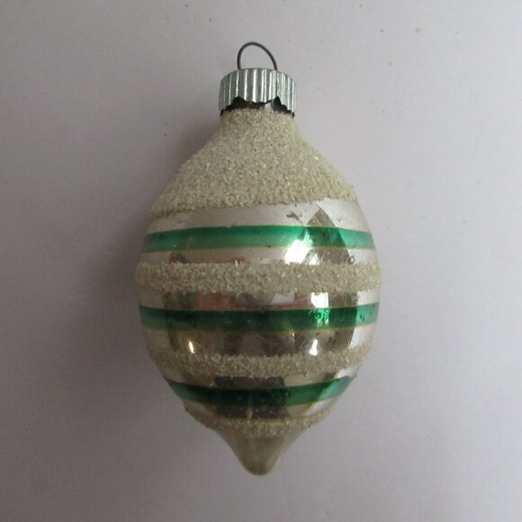 Shiny Brite Glass Christmas Ornament Teardrop & Round Mica Green Striped Vintage - Picture 2 of 12